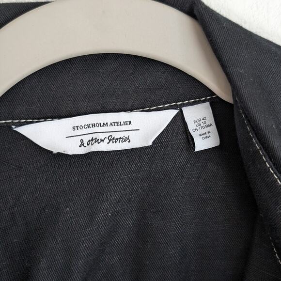 & Other Stories Black Cotton/Linen Topstitched Utility Shirt Mini Dress, size 10 - Picture 3 of 10